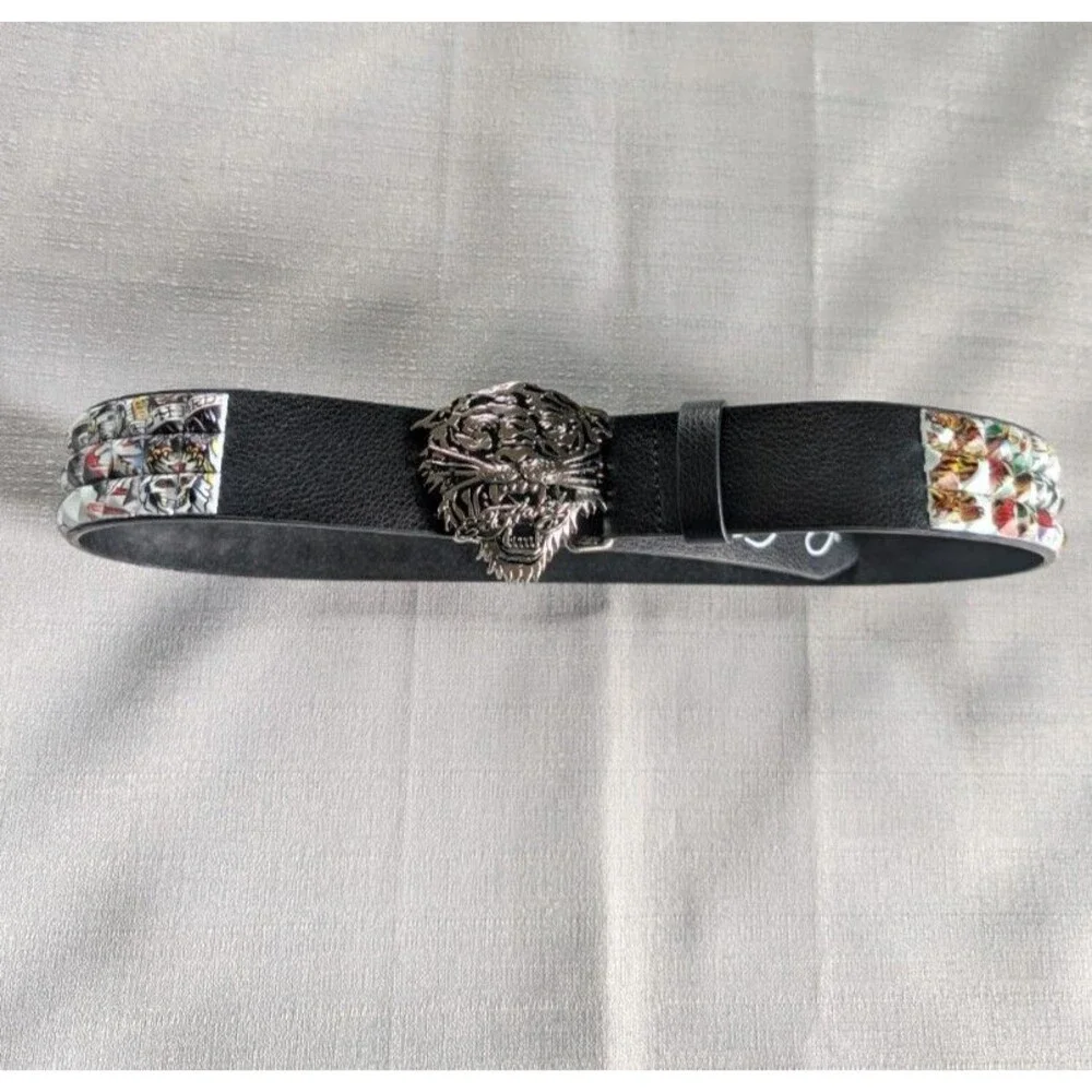 Ed Hardy Tiger Buckle Tattoo Print Studded Belt Men's Size 32 NEW